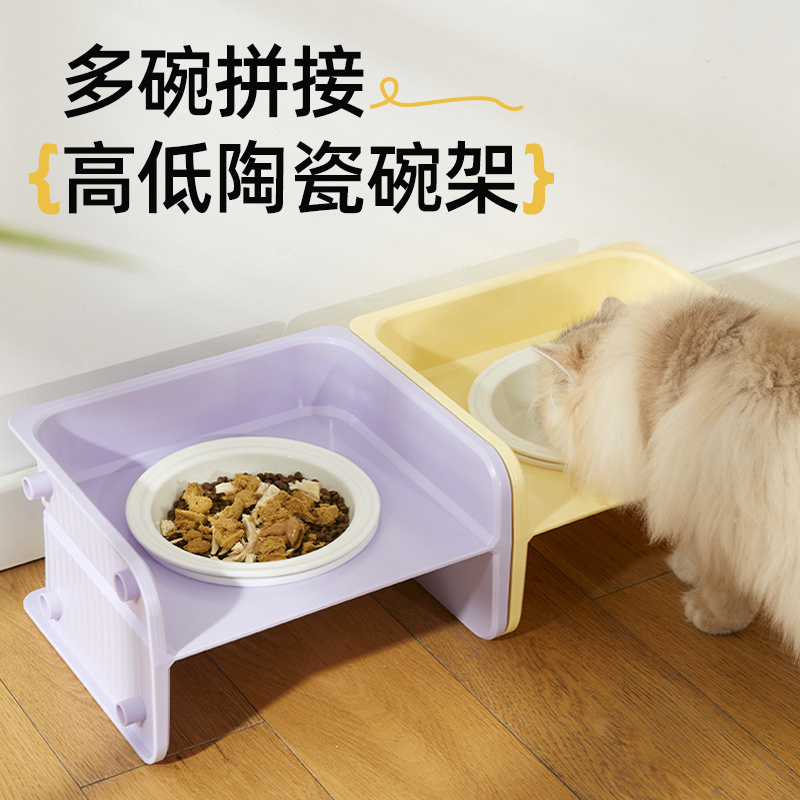 猫碗双碗陶瓷方块碗猫用喝水碗不易打翻猫咪餐桌幼猫粮碗宠物食盆