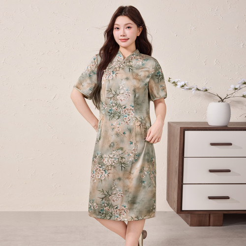 MsShe大码女装印花烫金缎面旗袍