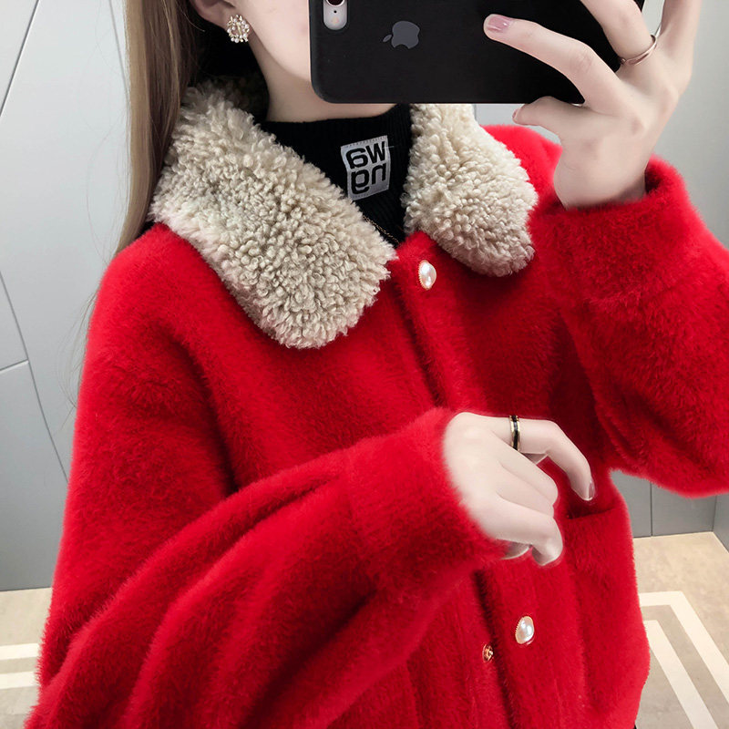 羊羔毛开衫上衣短款2022年新款女士红色仿貂绒毛衣外套女秋冬加厚