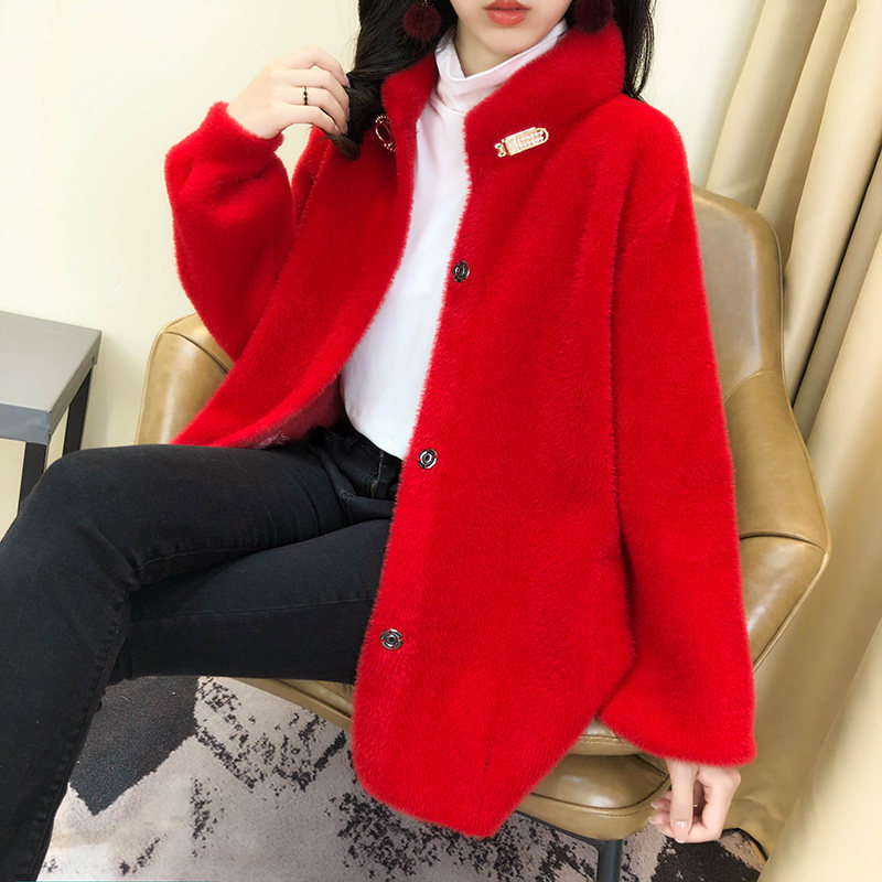 女士短外套2020年新款女上衣秋冬百搭韩版宽松仿水貂绒针织开衫女