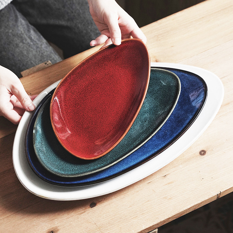 日式三角平盘创意窑变陶瓷餐盘沙拉盘牛排盘大号日料盘子家用菜盘,餐饮具,盘,淘宝优惠券,粉丝福利购,淘宝优惠卷