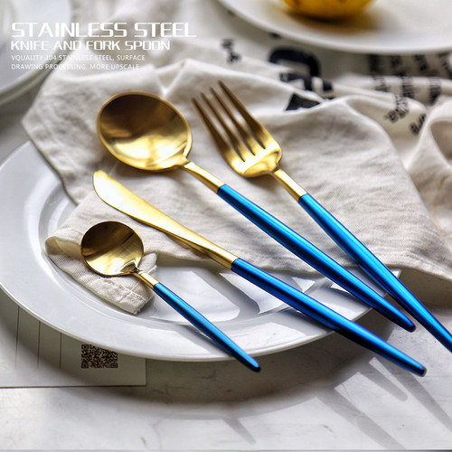 leon蓝色拉丝餐具套装牛排刀叉勺