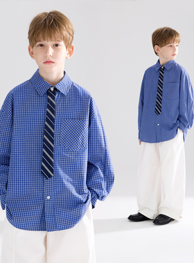 【宁儿粉丝专享】蓝色格纹领带设计感叠穿衬衫男女童26春新款