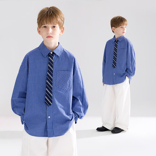 【天天粉丝专享】蓝色格纹领带设计感叠穿衬衫男女童26春新款 - 封面