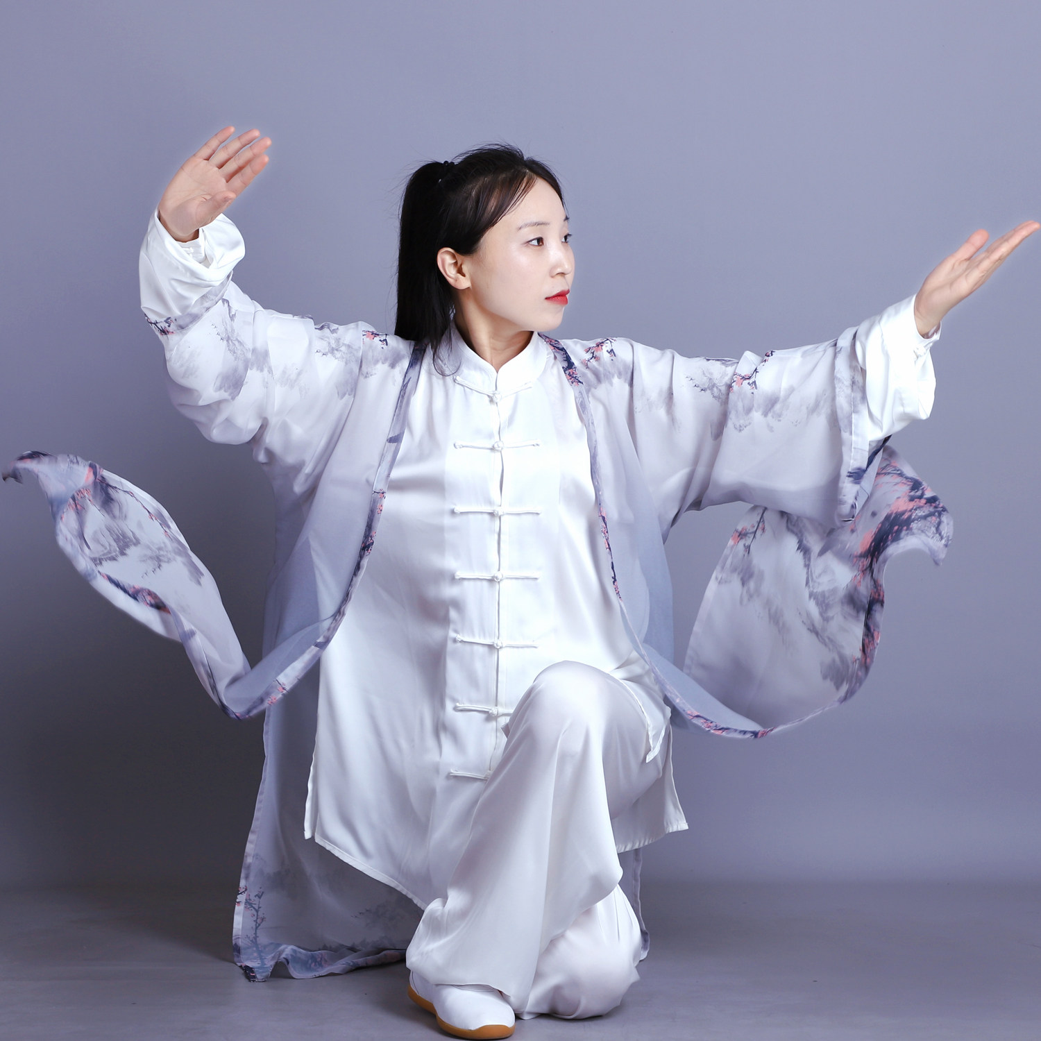 新款太极服披纱长拳比赛服坎肩演出服外披水墨表演服纱披肩彩绘