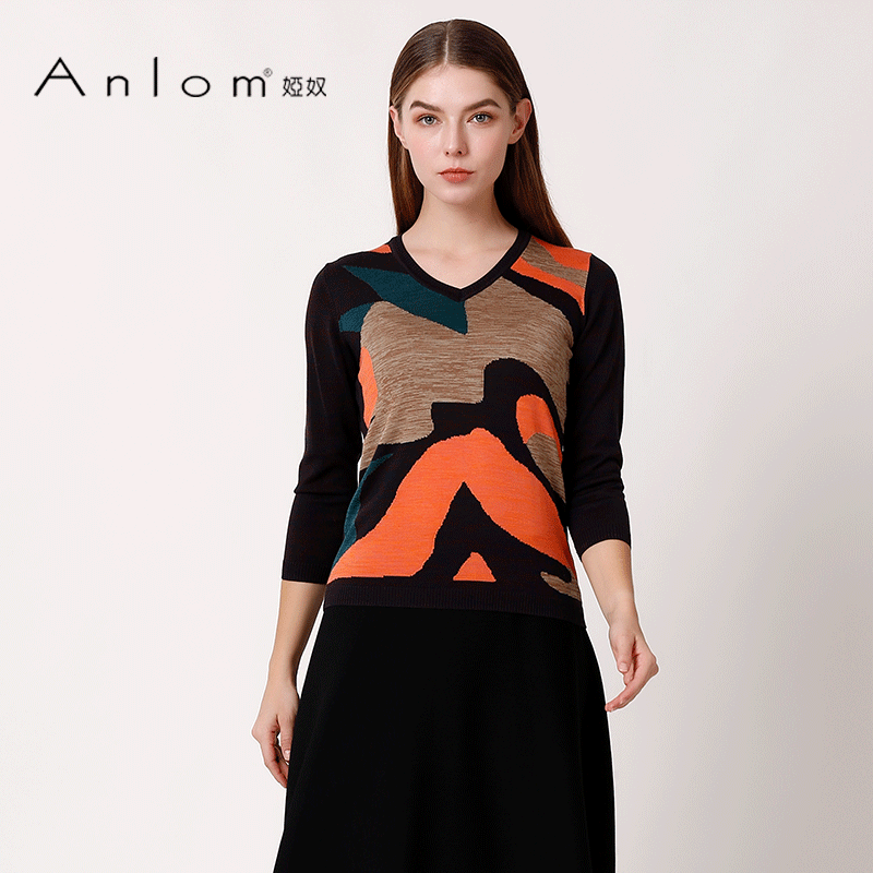 娅奴新款抽象图案桑蚕丝针织衫