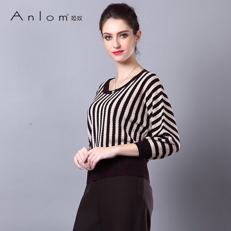 Anlom/娅奴女装秋冬新品长袖套头圆领桑蚕丝针织衫女上衣时尚休闲