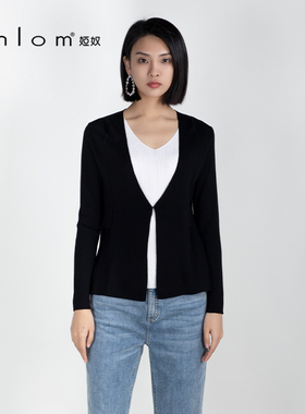 Anlom/娅奴春夏长袖新款V领黑色休闲桑蚕丝针织衫女上衣开衫