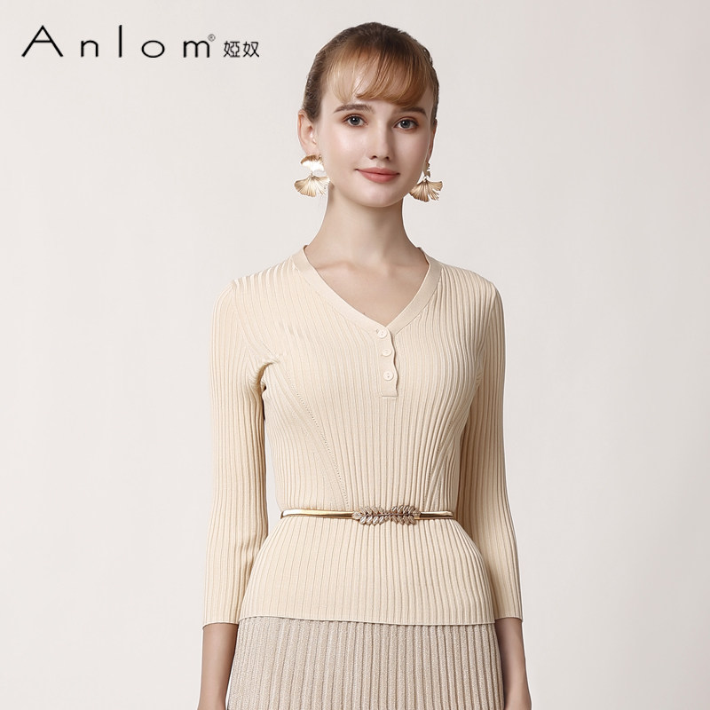 Anlom/娅奴针织上衣女新款修身时尚简约休闲中袖桑蚕丝v领上衣女