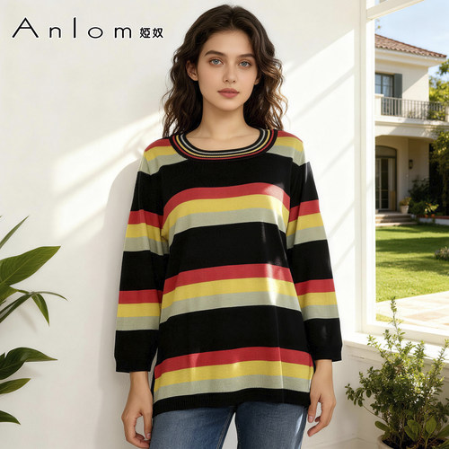 Anlom/娅奴彩色条纹圆领针织衫女长袖套头修身通勤上衣