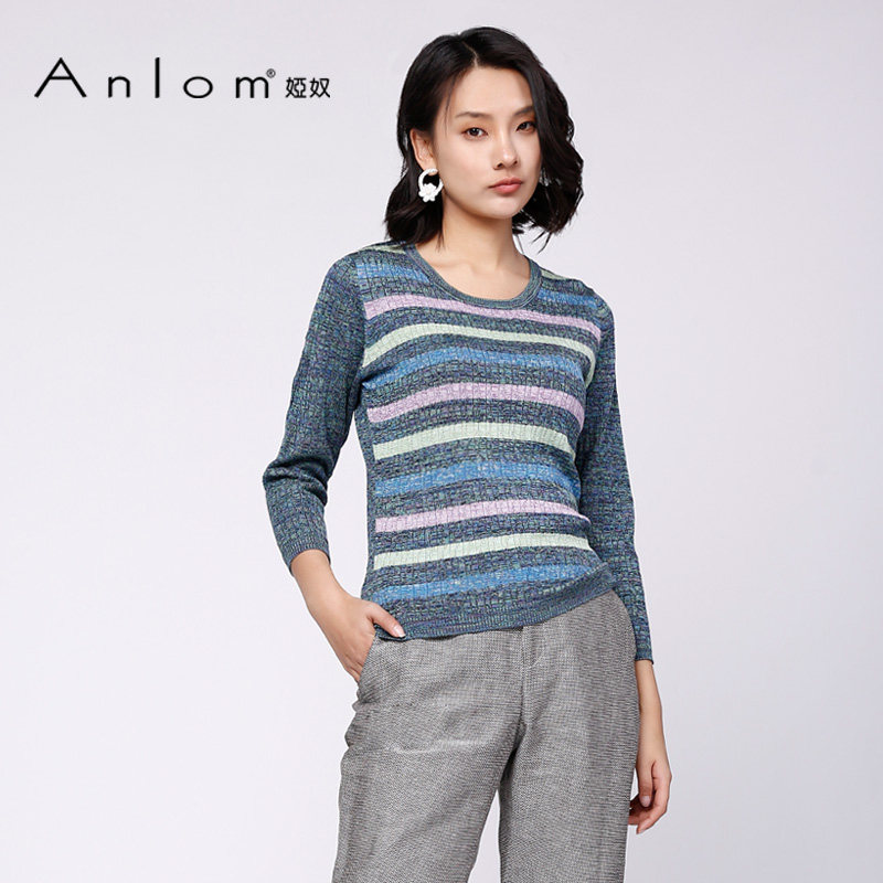 Anlom/娅奴桑蚕丝针织衫新款春秋时尚条纹圆领修身套头针织上衣女