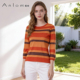娅奴针织衫 女桑蚕丝上衣条纹圆领长袖 修身 Anlom 女士上衣套头衫