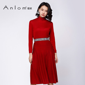 Anlom/娅奴连衣裙女秋冬高领长袖纯色气质修身显瘦中长款百褶裙子