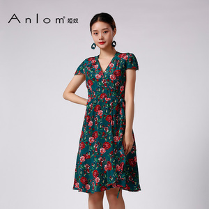 Anlom/娅奴真丝连衣裙夏季新款气质时尚修身休闲v领收腰短袖裙子