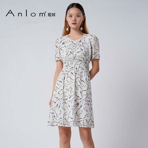 Anlom娅奴2026夏季新品桑蚕丝印花A字连衣裙女中长款真丝短袖裙子
