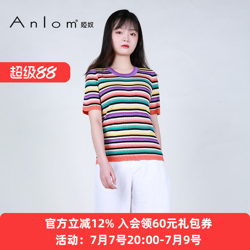 娅奴桑蚕丝针织圆领套头彩条短袖