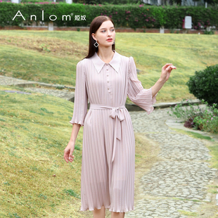 Anlom/娅奴夏季新品中袖衬衫雪纺连衣裙女士系带显瘦中长款百褶裙