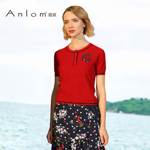 简约针织衫 Anlom 桑蚕丝红色时尚 休闲短袖 上衣 娅奴针织上衣女新款