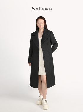 Anlom/娅奴毛呢外套女新款宽松时尚休闲简约烟灰色大衣女中长款