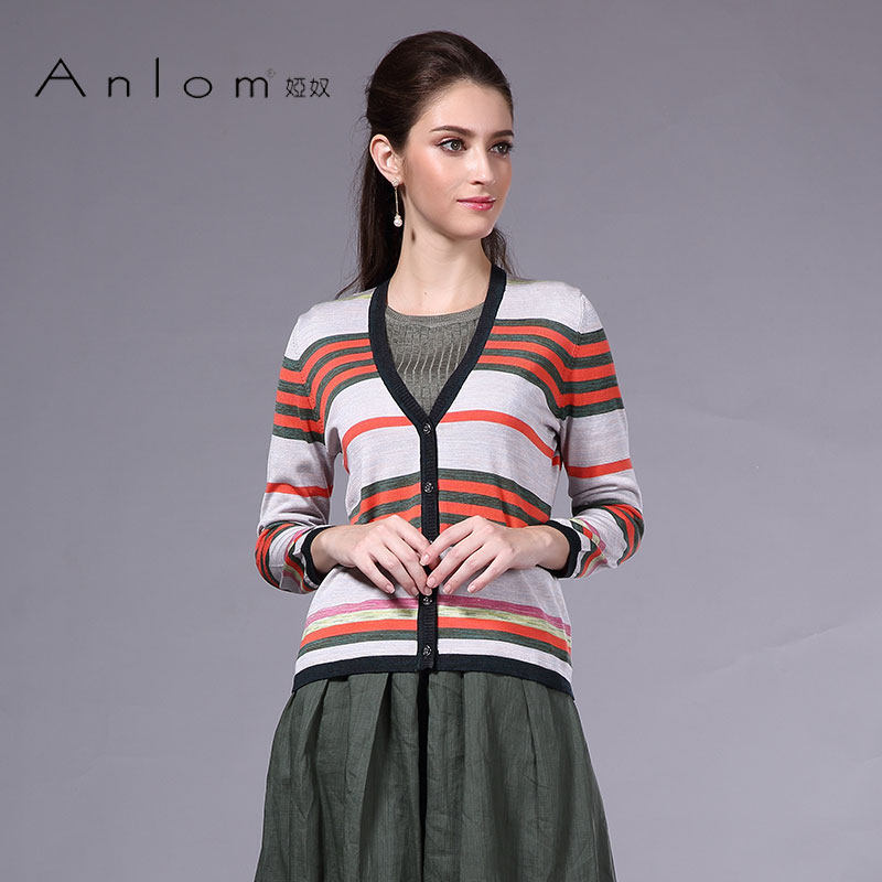 Anlom/娅奴V领彩条纹针织开衫女桑蚕丝修身通勤上衣针织外套,女装/女士精品,毛针织衫,淘宝优惠券,粉丝福利购,淘宝优惠卷