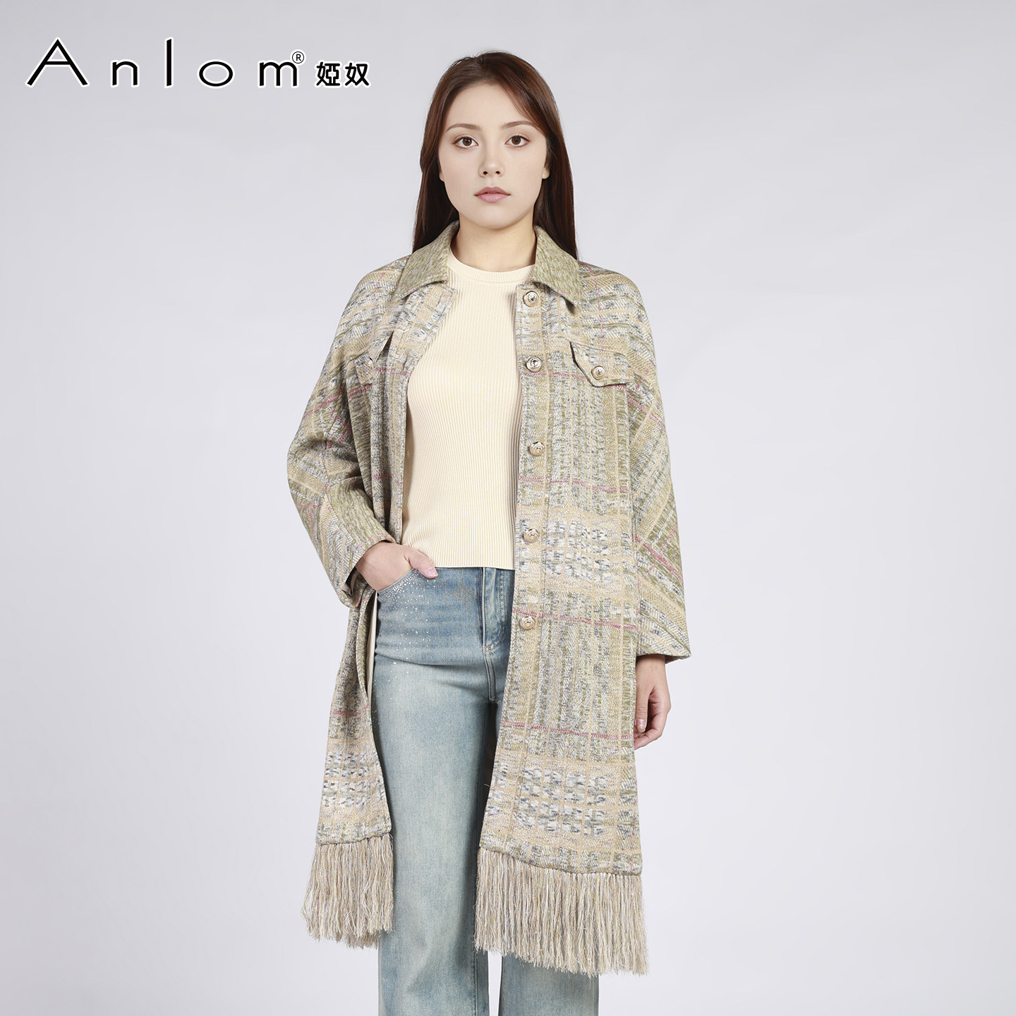 Anlom/娅奴冬季新款时尚百搭格子修身针织大衣女风衣,女装/女士精品,毛呢外套,淘宝优惠券,粉丝福利购,淘宝优惠卷