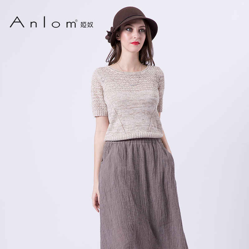 Anlom/娅奴真丝短袖t袖圆领套头衫镂空杏色百搭桑蚕丝针织衫上衣