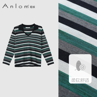 Anlom 上衣 娅奴桑蚕丝条纹长袖 V领针织撞色搭配商务休闲时尚