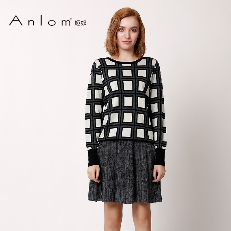 anlom娅奴新款桑蚕丝格子针织衫