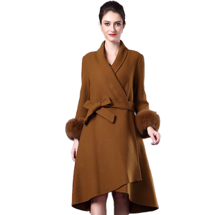 Anlom/娅奴秋冬装新款女羊毛外套修身加厚系带中长款大衣女士毛衣