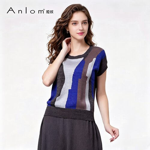 Anlom娅奴撞色针织短袖T恤女夏