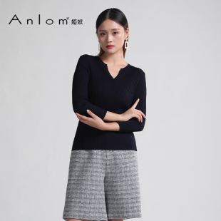 Anlom/娅奴秋季新款女修身时尚V领条纹长袖桑蚕丝套头针织衫上衣