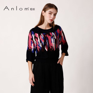娅奴秋季 针织衫 新款 时尚 女上衣 女宽松抽象图案桑蚕丝套衫 Anlom
