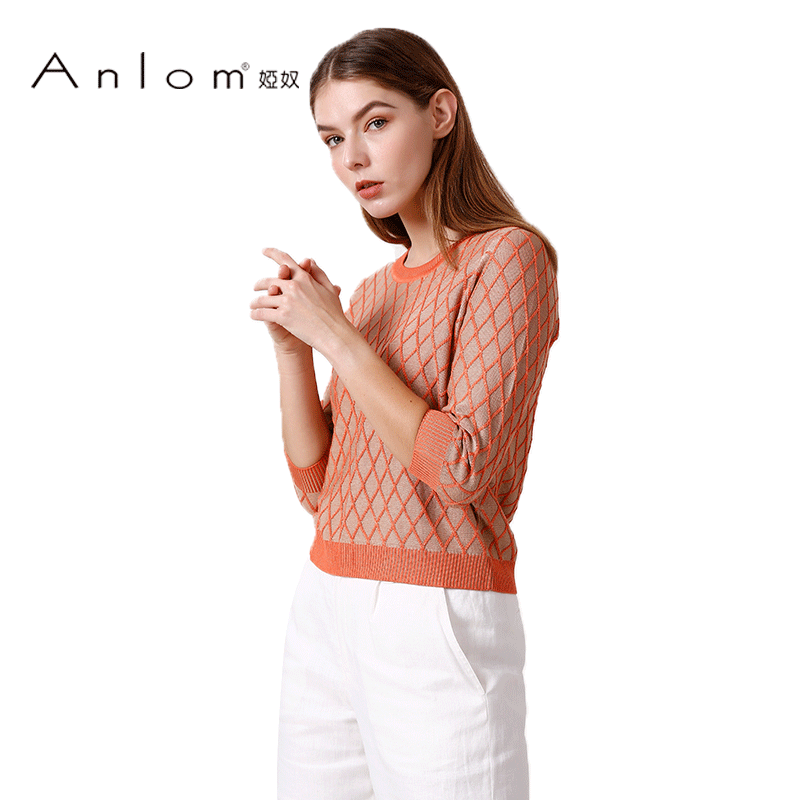 Anlom/娅奴秋季新款宽松时尚格子真丝桑蚕丝针织衫女上衣中袖