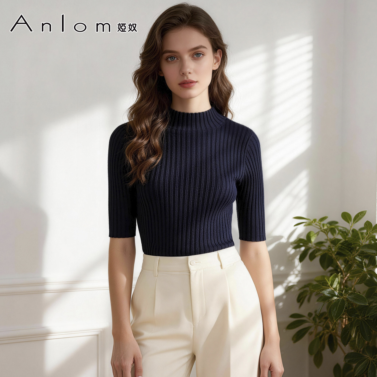 Anlom/娅奴针织上衣女夏季新款半袖圆领简约时尚复古修身针织衫女,女装/女士精品,毛针织衫,淘宝优惠券,粉丝福利购,淘宝优惠卷