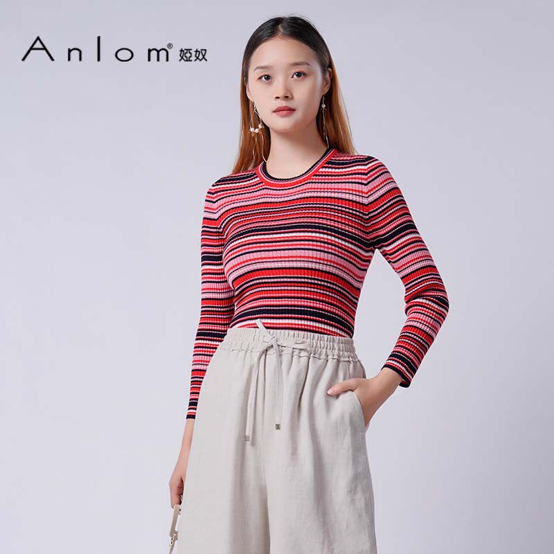 娅奴秋季新款桑蚕丝彩条彩织衫