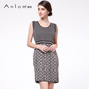 Anlom/娅奴夏季新品波点格子提花针织无袖连衣裙女中长款A字裙子
