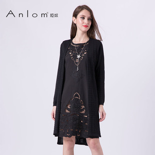 Anlom/娅奴桑蚕丝针织衫女专柜宽松大码黑色POLO领中长款外套