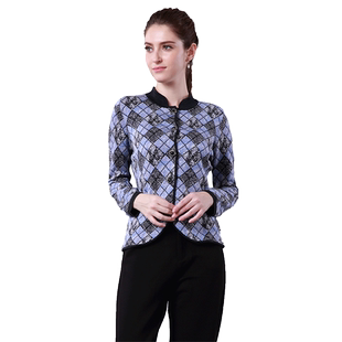 Anlom/娅奴桑蚕丝外套秋冬格子花长袖立领开衫针织衫上衣单件