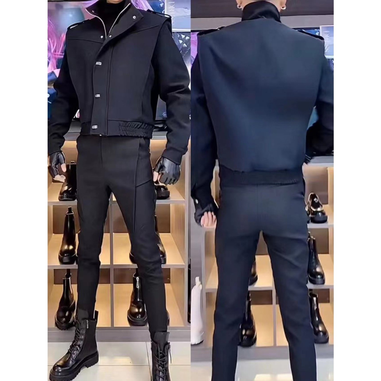 秋季潮流工装裤套装黑色休闲小脚西裤男士网红同款束脚裤马丁靴裤