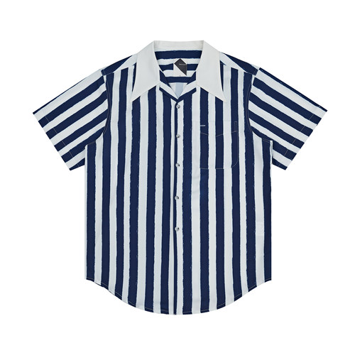 蓝条纹古巴领短袖衬衫