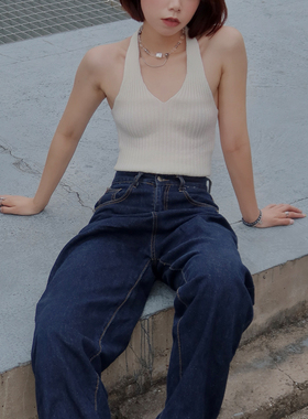 Planet 米白挂脖露背小吊带针织背心女内搭无袖上衣外穿
