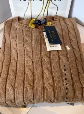 拉夫劳伦ralph lauren刺绣小马标 圆领纯棉麻花针织衫女士毛衣
