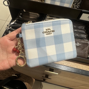 Coach蔻驰女士经典格子短款钱包卡包零钱包樱桃吊坠立体C美国直邮