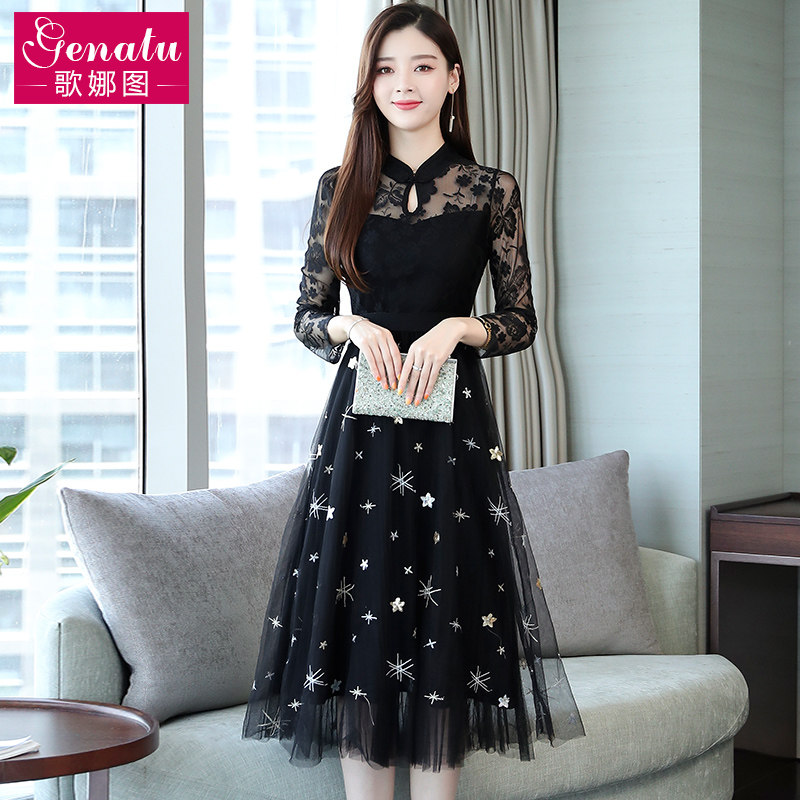 秋款冬裙女蕾丝加绒加厚连衣裙秋冬高端欧货洋气名媛气质减龄显瘦