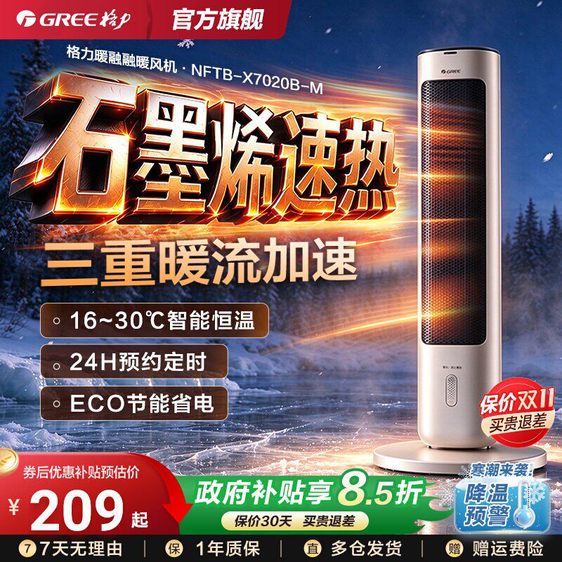 [多地次日达]格力暖风机取暖器家用节能电热风机小型速热电暖器气
