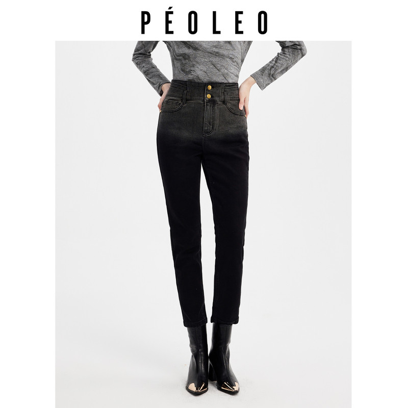 飘蕾黑色牛仔紧身裤2025年冬季新款高腰渐变设计修身百搭通勤长裤