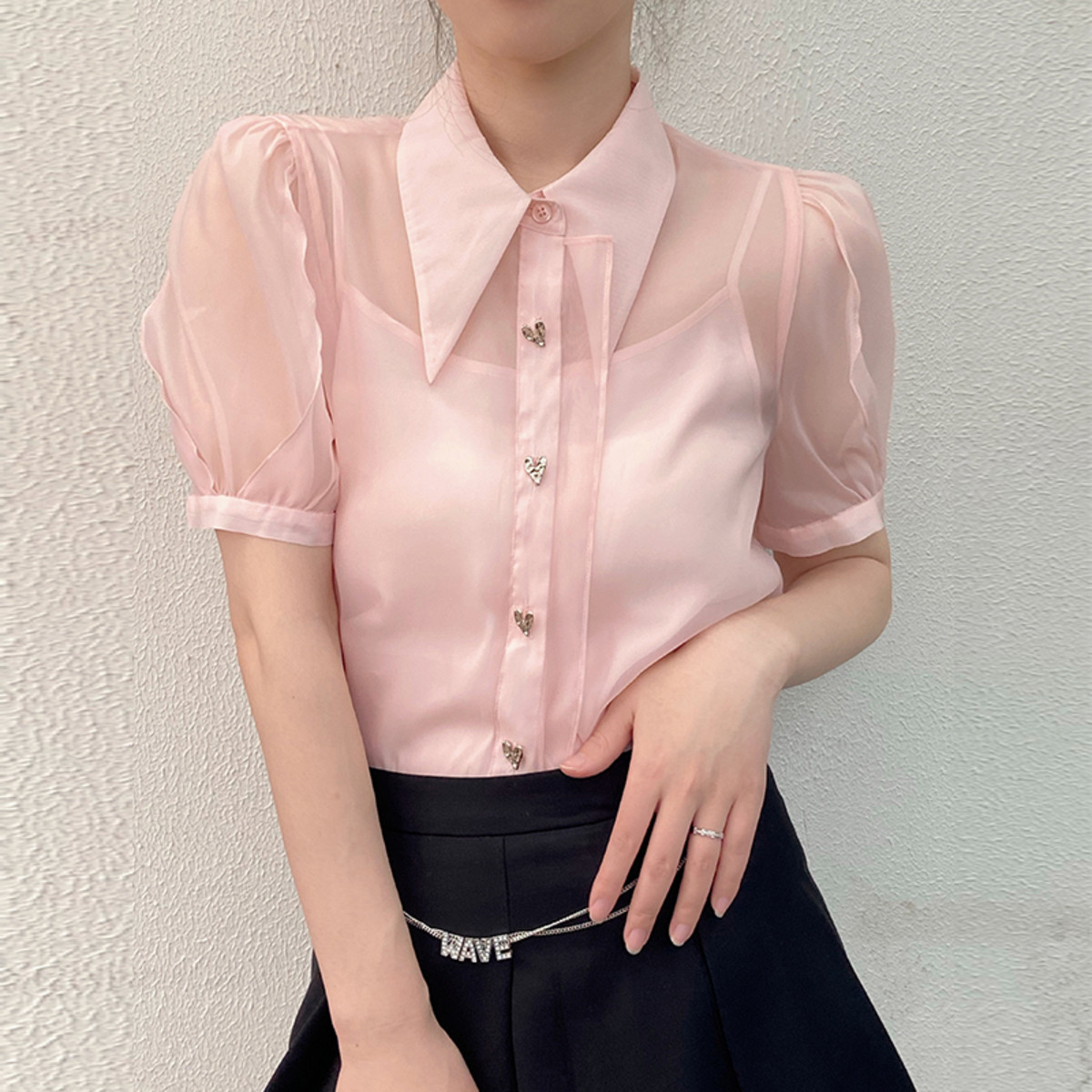 飘蕾设计感翻领衬衫女2024夏季新款法式温柔气质百搭上衣女peoleo