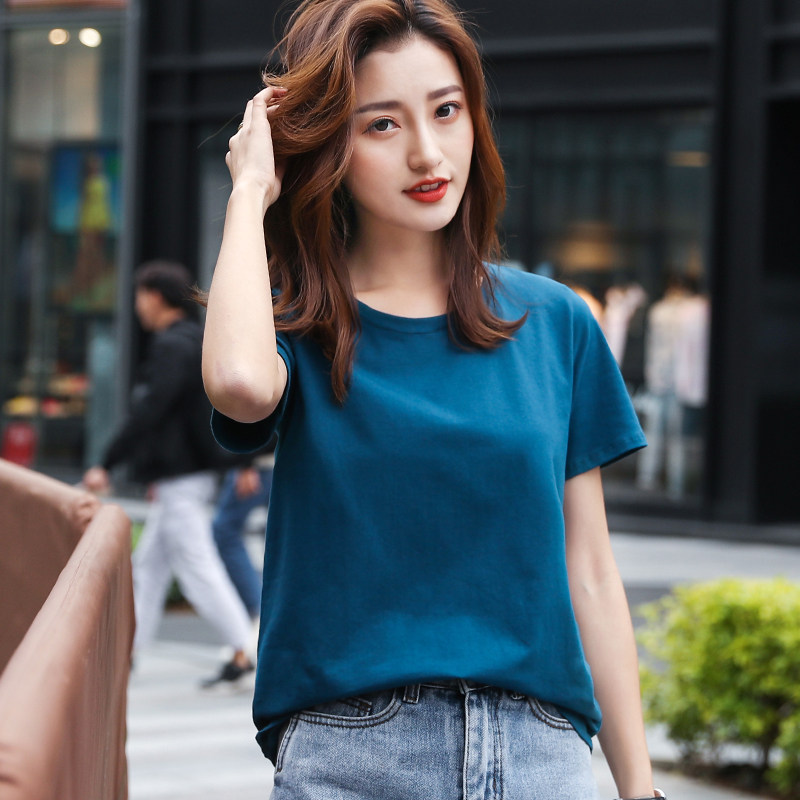 美兵女装孔雀蓝色纯棉宽松正肩T恤女短袖2025新款夏韩版半袖上衣
