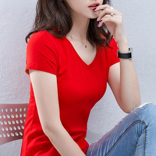 红色纯棉V领短袖修身T恤女夏季