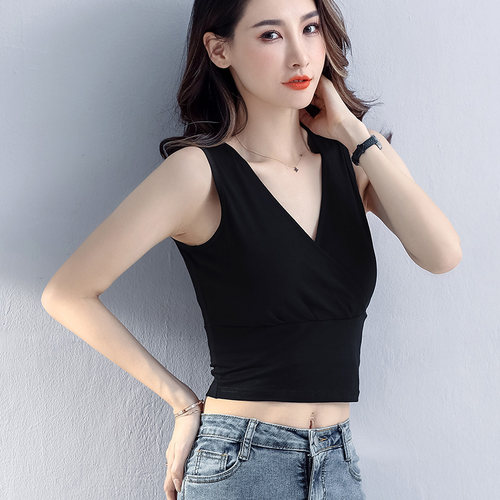 黑色高腰露脐深V无袖修身T恤女